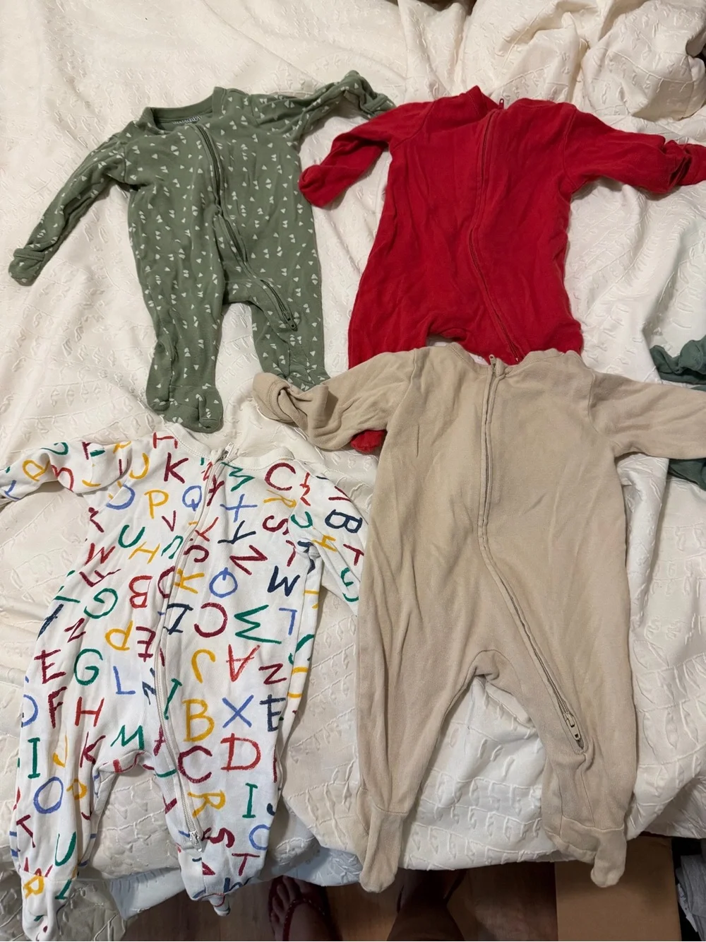 Kids One-Piece Sleepers - Multicolor Alphabet, Red, Green, Tan